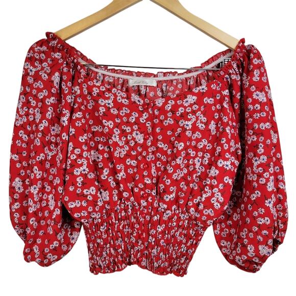 Mouth Valley Red Floral Puffy Sleeve Ruched Waist 1/2 Button Up Crop Top Size M - Picture 2 of 10